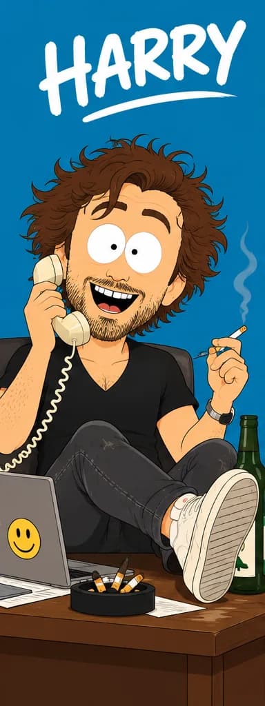 Harry on a blue background, short beard, black V-neck, phone in his hand