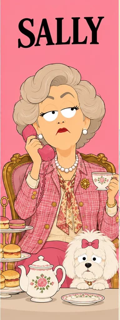 Sally on a pink background, white hair in a bun, pink dress and pearls, teacup in her hand